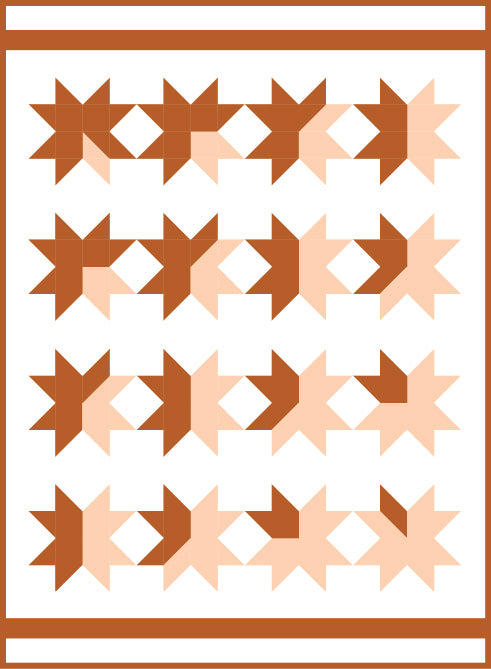 A flat geometric quilt pattern design featuring rows of starburst motifs in terracotta, rust, and pale peach on a white background, framed by a terracotta border.
