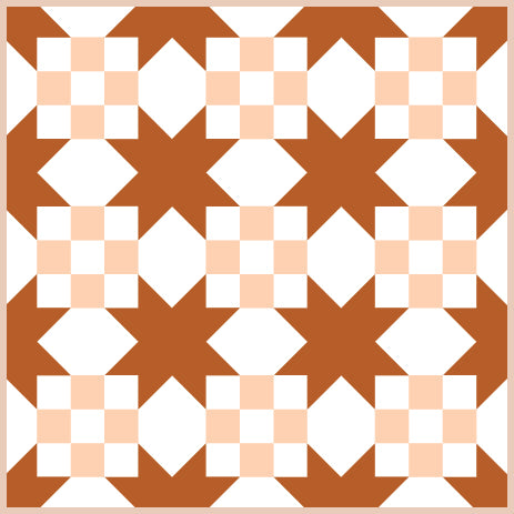 A repeating geometric pattern featuring rust-brown stars, white diamonds, and pale peach checkerboard squares on a white background.