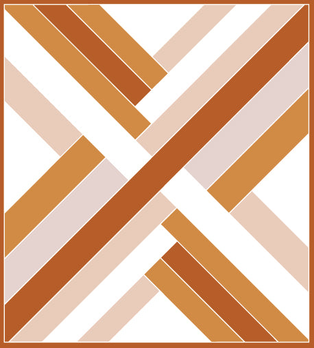 An abstract geometric pattern made of intersecting diagonal stripes in warm brown, tan, peach, and white, framed by a thin orange border.