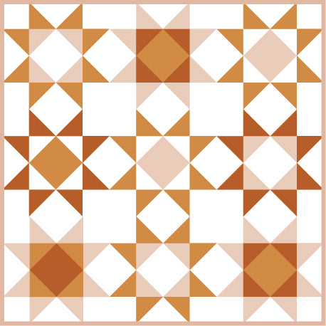 A repeating geometric pattern of orange, rust, peach, and white triangles and diamonds, arranged in a quilt-like square design.
