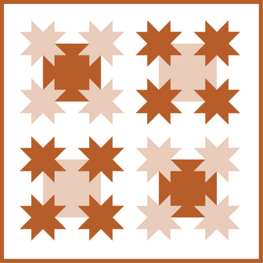 A repeating geometric pattern of brown and pale pink starburst shapes arranged in a grid on a white background with a brown border.